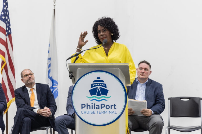 Philadelphia Mayor Cherelle Parker spoke at the grand opening of the PhilaPort Cruise Terminal