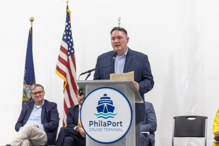 Rich Lazer, executive director and CEO of PhilaPort, speaks at the grand opening of the PhilaPort Cruise Terminal