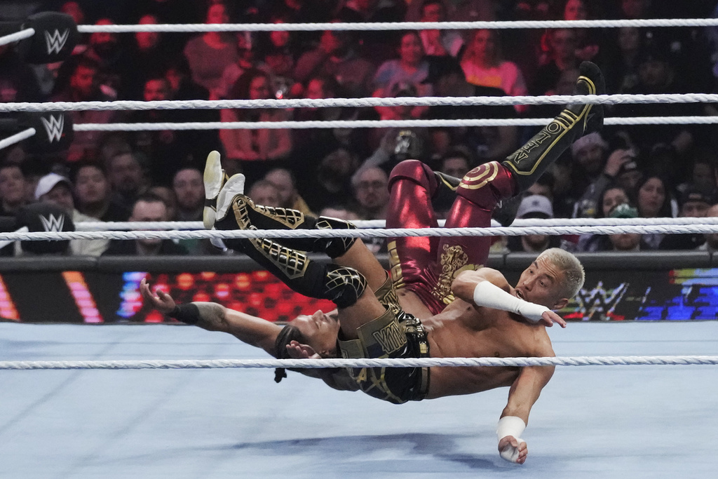 Wrestlers wrestle inside a WWE ring