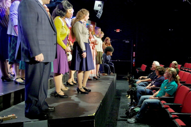 The cast of 9 to 5: The Musical sing to a group of people and Seeing Eye dogs