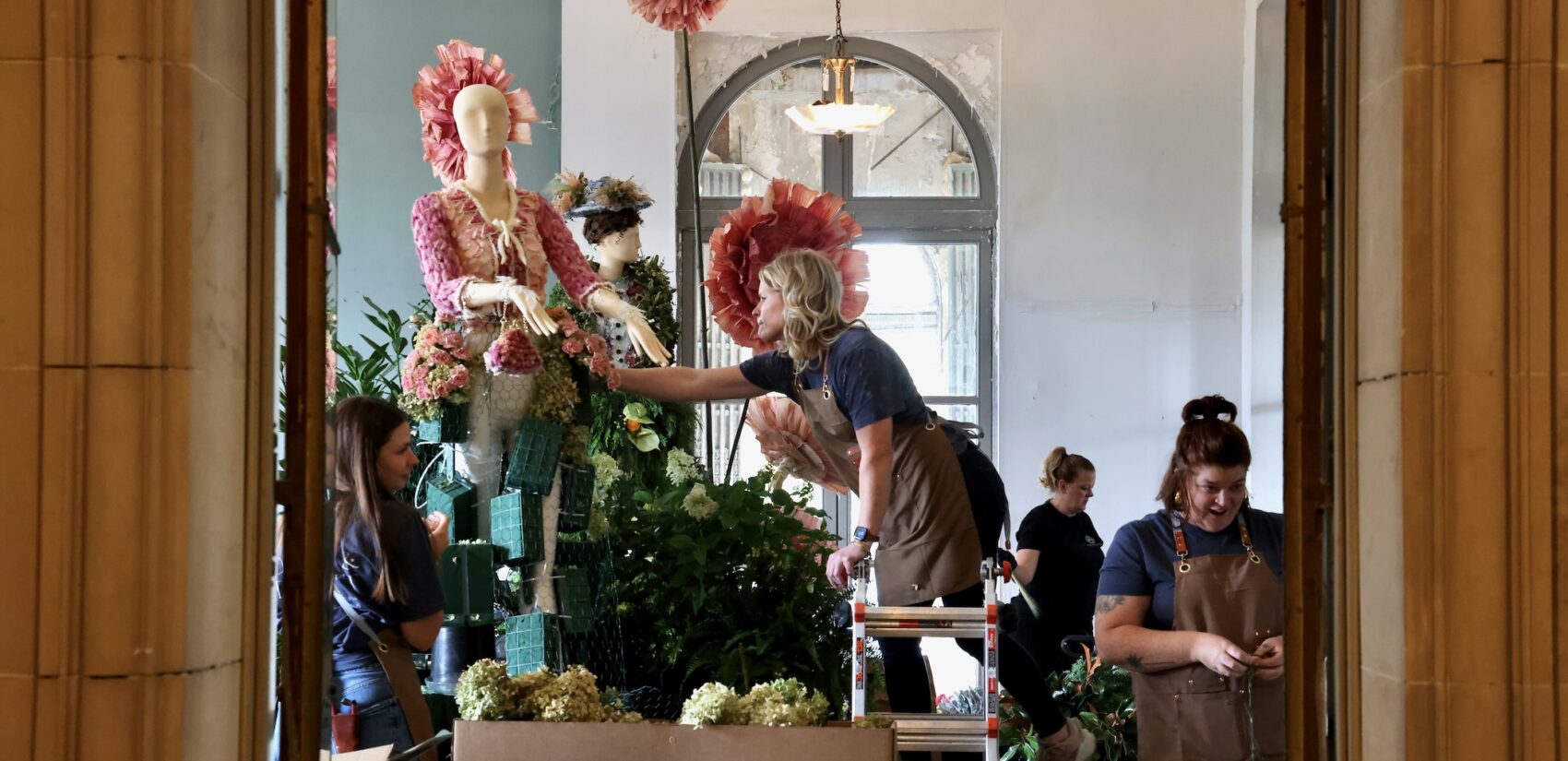 a team works on a display