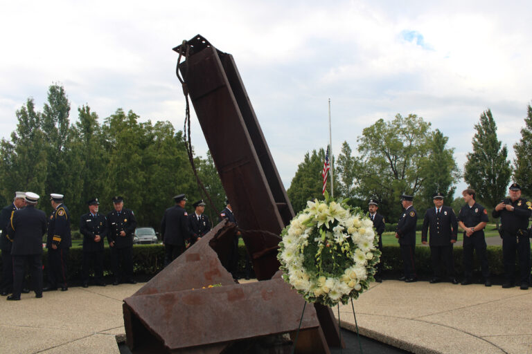 A fragment of The World Trade Center forms part of the memorial
