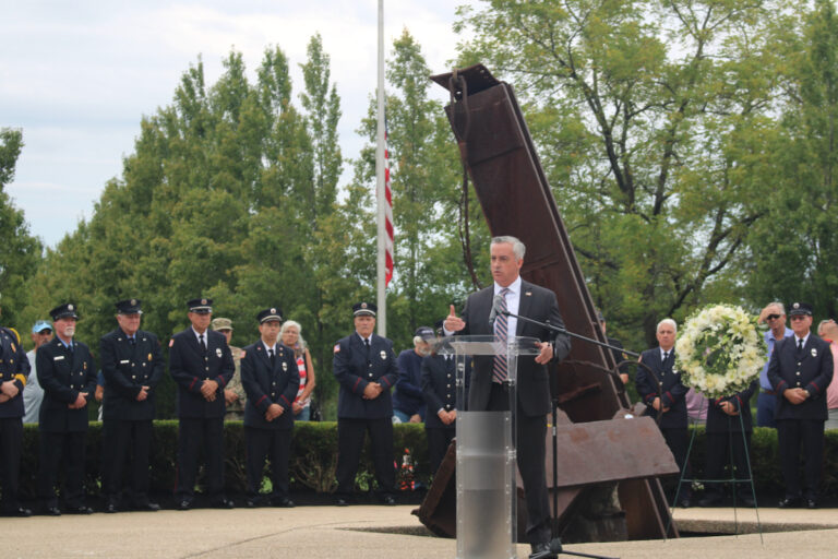 Bob Harvie, Bucks County commissioner, speaks at a ceremony
