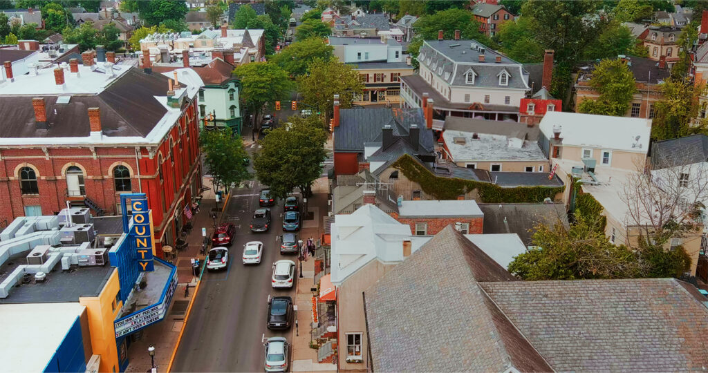 An aerial view of a downtown area in a Bucks County town