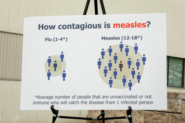 A printout shows how measles is more contagious than the flu