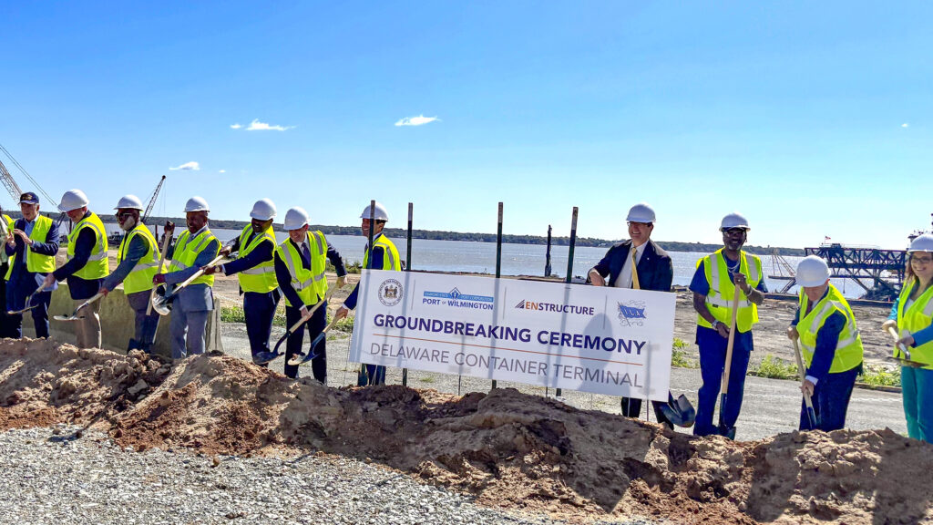 Gov. Matt Meyer and many other officials pose with shovels and hardhats for the groundbreaking at Edgemoor.