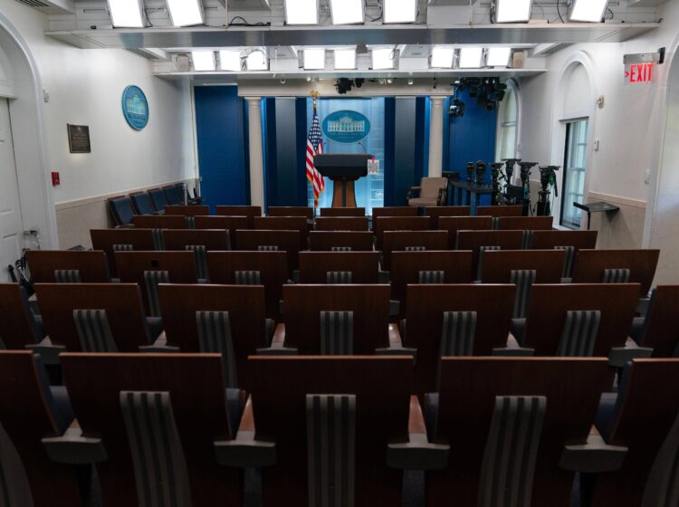 The James Brady Press Briefing Room is seen at the White House, Saturday, Sept. 19, 2026, in Washington. (AP Photo/Jose Luis Magana)