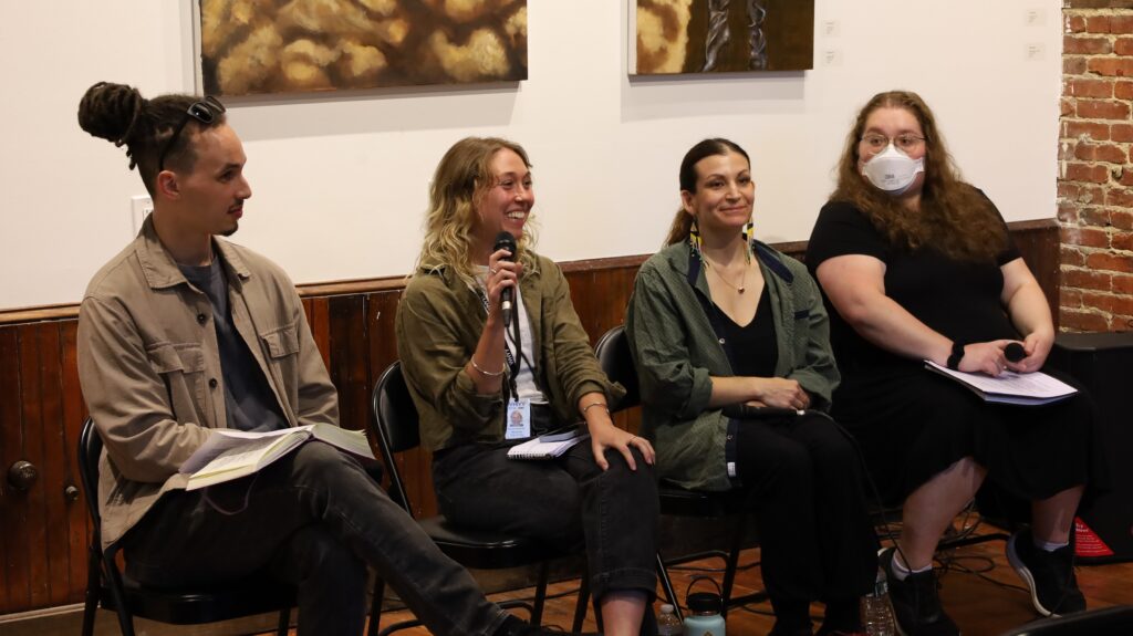 camden-emr-whyy-margin-event-2026-09-10-cs-3 Bryce Cracknell, Sophia Schmidt, Katrina Janco and Kimberly Paynter sitting