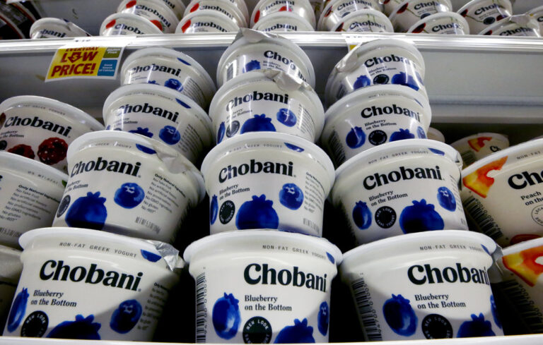 Chobani greek yogurt sits on a store shelf