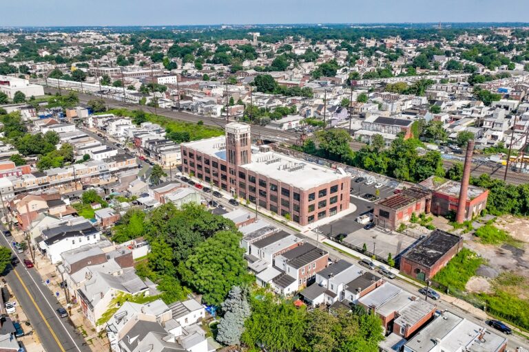 an aerial view of the Chocolate Factory Community Hub in Bridesburg, Philadelphia