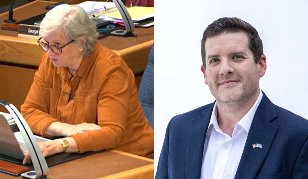 kyle-grantham-dee-durham-new-castle-county In side-by-side pictures, New Castle County Councilwoman Dee Durham sits at a desk on the left while Democratic County Council candidate Kyle Grantham, right, poses for a headshot