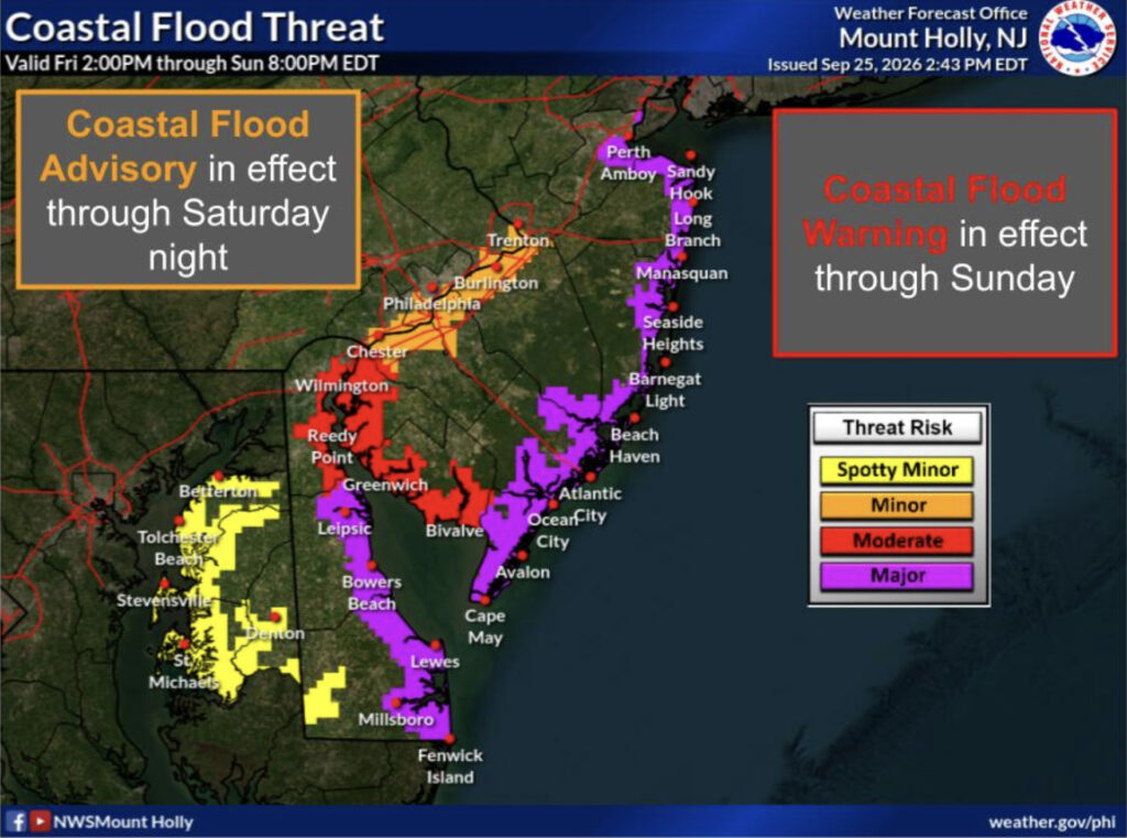 Screenshot A map shows where coastal flooding and high winds are expected during a nor'easter on Sept. 26, 2026.