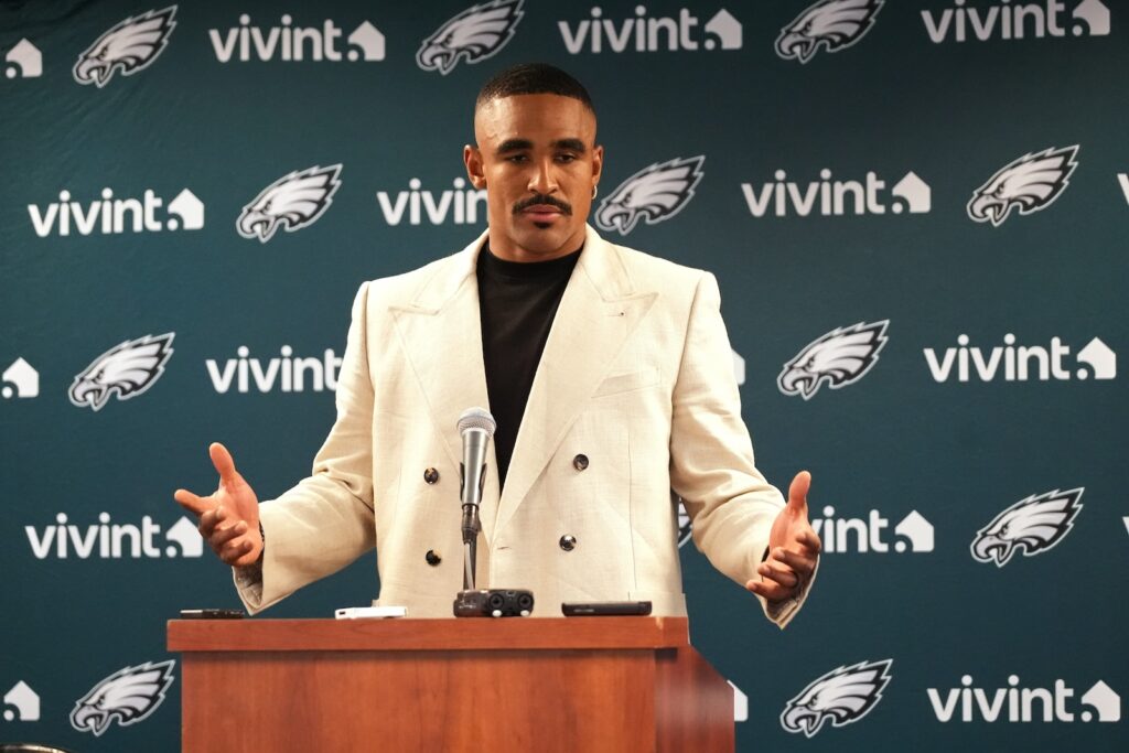 Eagles Bears Football Philadelphia Eagles quarterback Jalen Hurts responds to a question during a news conference after a game against the Chicago Bears in Chicago, Monday, Sept. 28, 2026.