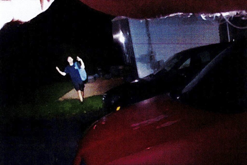 Wrong House Shooting Grainy body camera still photo of Glenwood Earl Pysher IV before he was shot by a police officer.