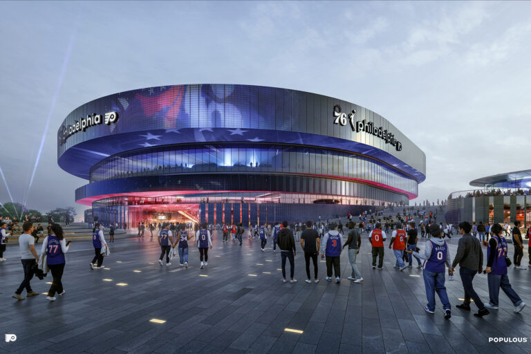 A rendering shows the design of the proposed new 76ers and Flyers arena in the South Philadelphia sports complex