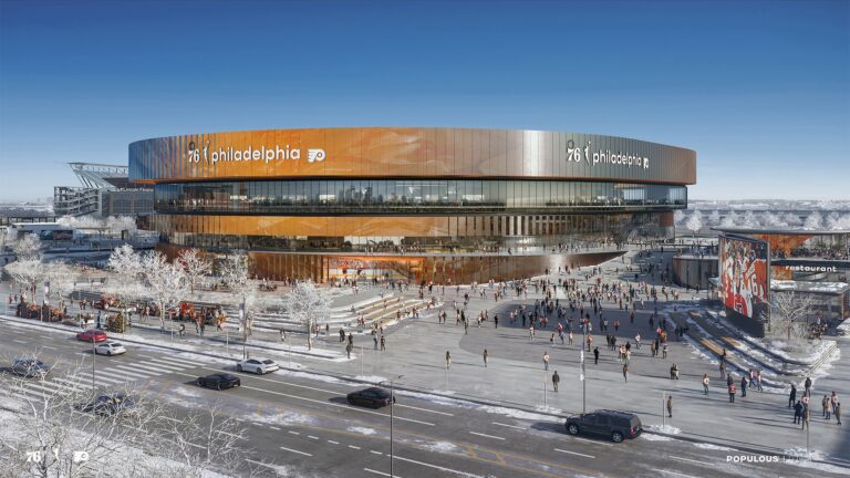 A rendering shows the design of the proposed new 76ers and Flyers arena in the South Philadelphia sports complex