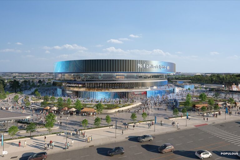 A rendering shows the design of the proposed new 76ers and Flyers arena in the South Philadelphia sports complex