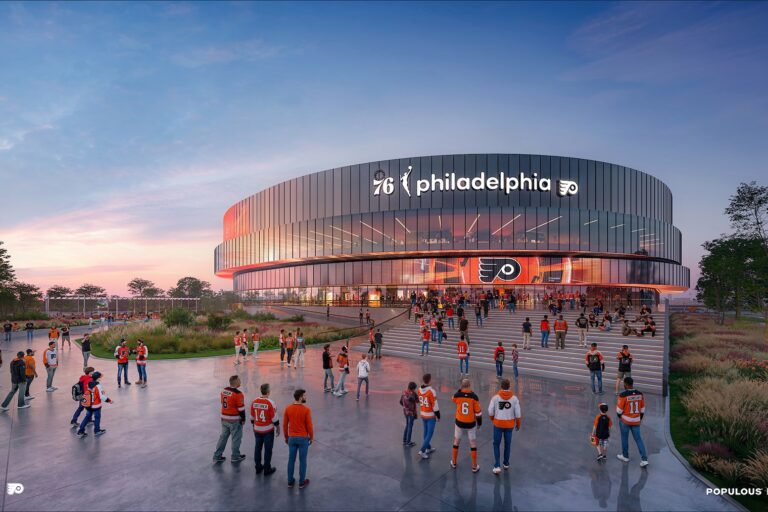 A rendering shows the design of the proposed new 76ers and Flyers arena in the South Philadelphia sports complex