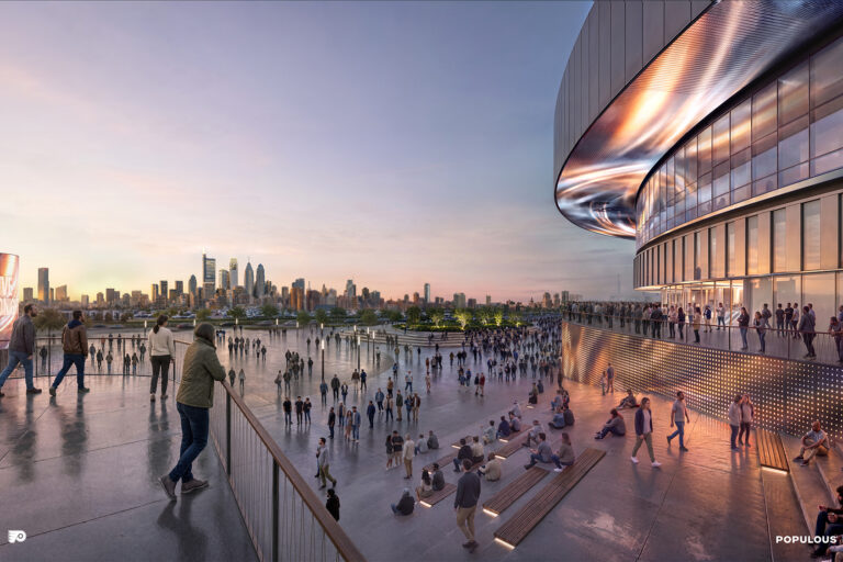 A rendering shows the design of the proposed new 76ers and Flyers arena in the South Philadelphia sports complex