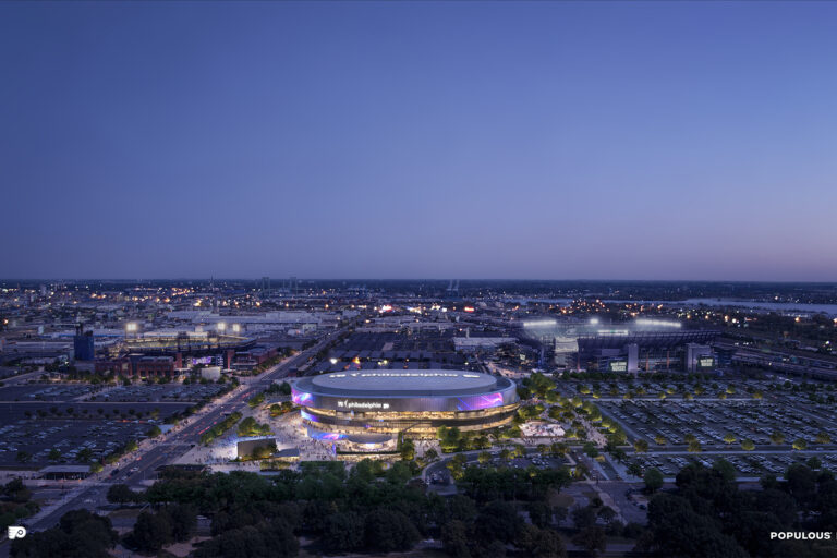 A rendering shows the design of the proposed new 76ers and Flyers arena in the South Philadelphia sports complex