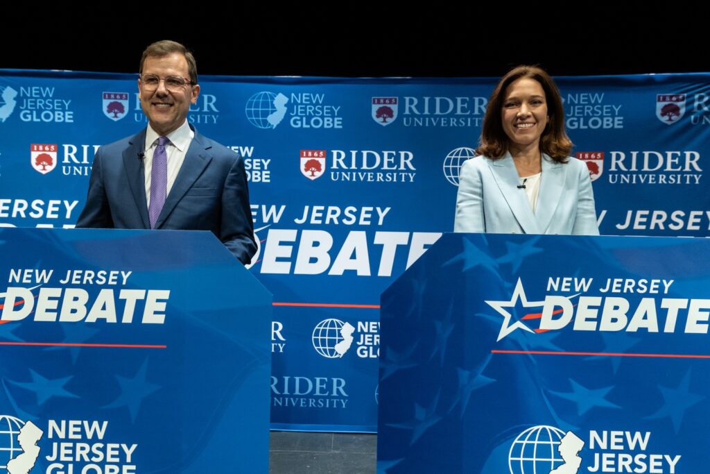 Election 2026 House New Jersey Republican candidate Tom Kean, Jr., left, and Rebecca Bennett, the Democratic candidate in the U.S. Congressional District 7 race look on from stage prior to a debate, Sunday, Sept. 27, 2026, in Rahway, N.J.