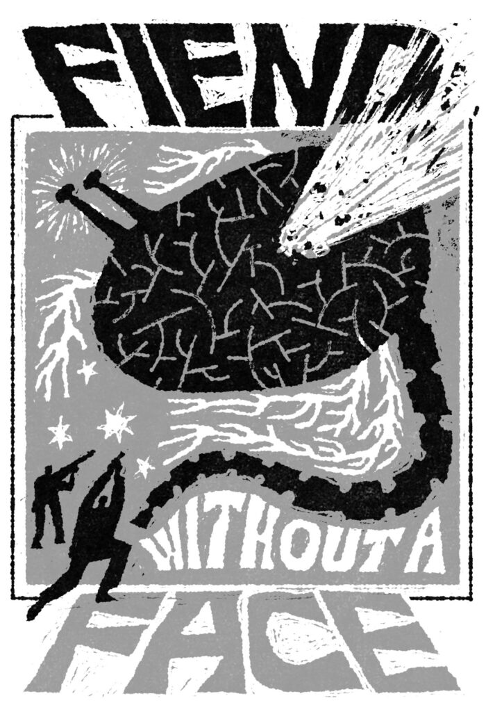A black-and-white illustration made by James Heimer for 'Fiend withought a face.'