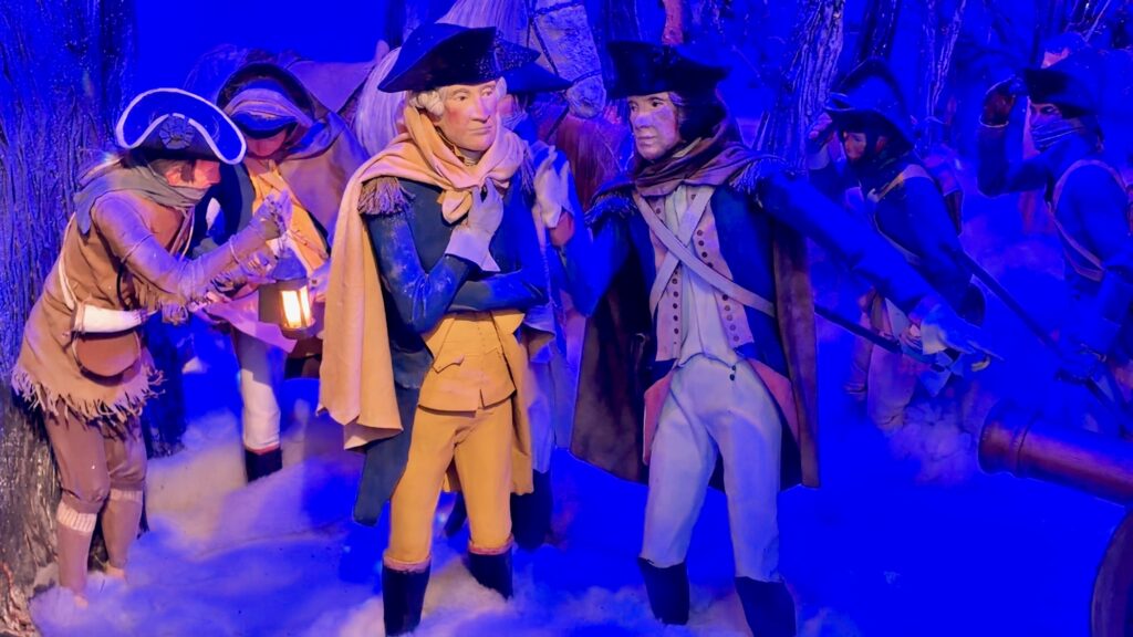 2026 10 28-p crimmins-doylestown pa mercer museum-historic dioramas rescued washington crossing detail A diorama depicts George Washington planning to cross the Delaware River