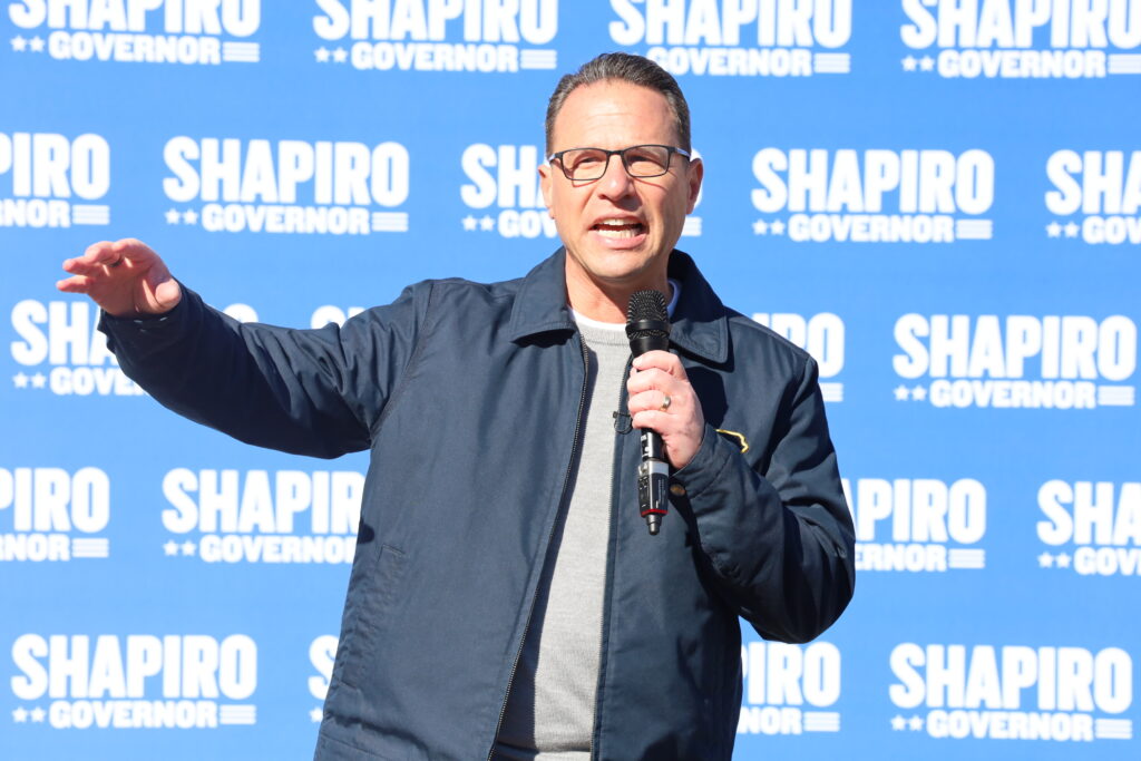 Pennsylvania Gov. Josh Shapiro speaks at a rally in Bucks County