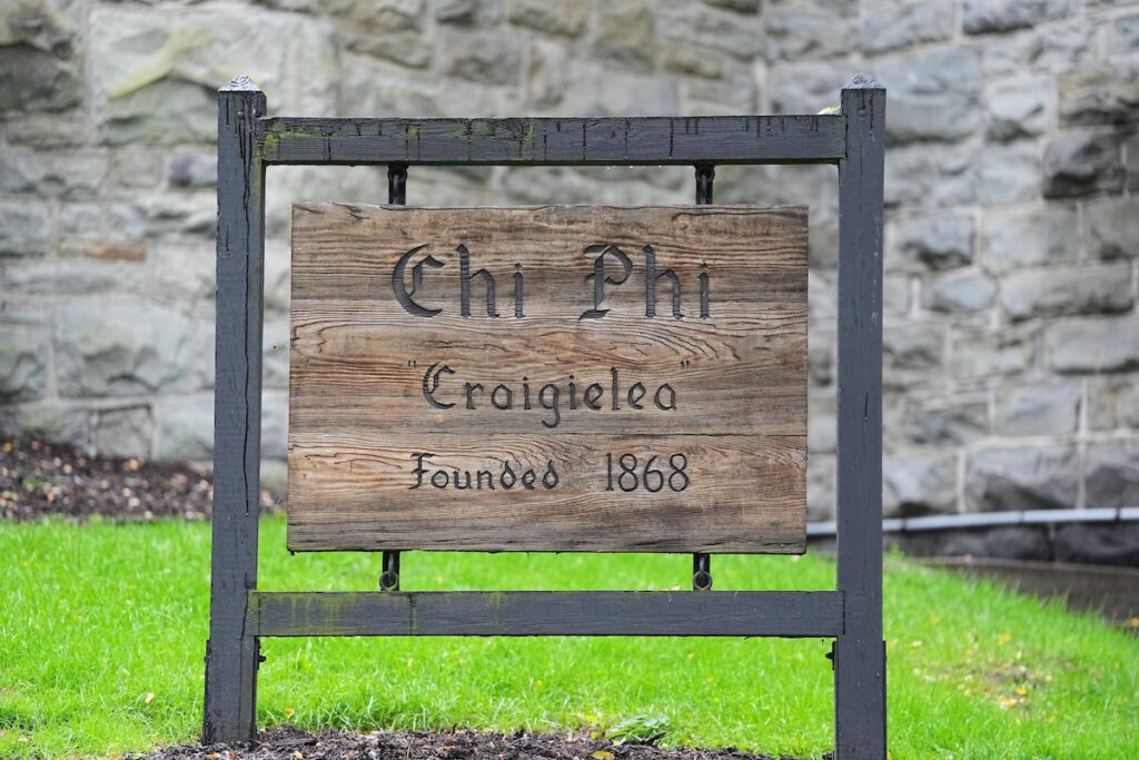 Shown is the Chi Phi fraternity house sign at Cornell University in Ithaca, N.Y., Thursday, Oct. 1, 2026. (AP Photo/Matt Rourke)