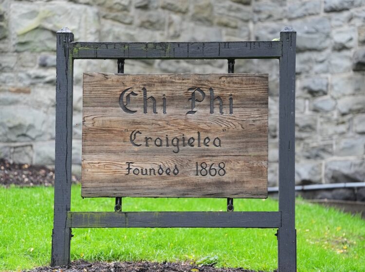 Shown is the Chi Phi fraternity house sign at Cornell University in Ithaca, N.Y., Thursday, Oct. 1, 2026. (AP Photo/Matt Rourke)