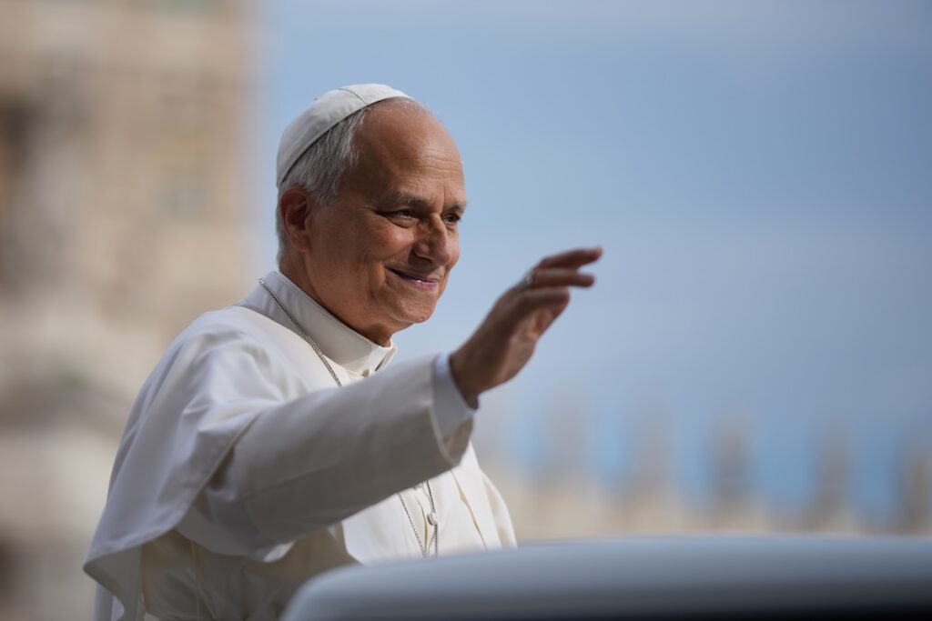 Pope Leo XIV arrives for his weekly general audience in St. Peter's Square, at the Vatican, Wednesday, Oct. 7, 2026. (AP Photo/Andrew Medichini)