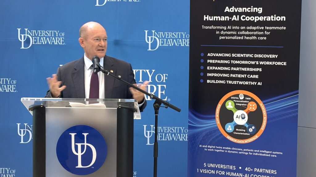 Coons UD AI Chris Coons speaks at the University of Delaware