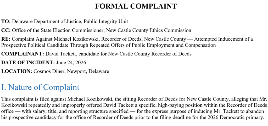 A screenshot of hte formal complaint filed with the Delaware AG office.