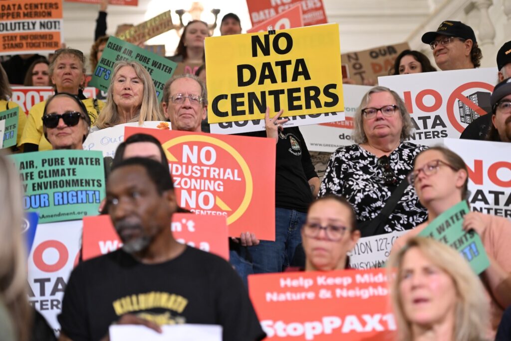 Anti-data center demonstrators protest at the Pennsylvania state Capitol, Oct. 6, 2026, in Harrisburg, Pa.