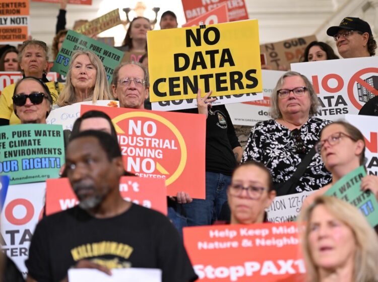 Anti-data center demonstrators protest at the Pennsylvania state Capitol, Oct. 6, 2026, in Harrisburg, Pa.