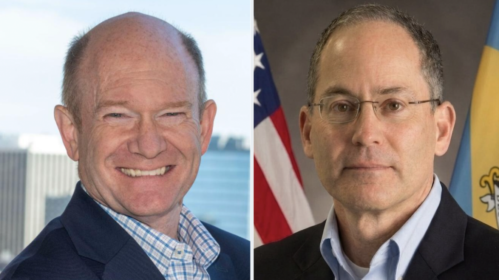 delaware-election-2026-chris-coons-michael-katz A side-by-side photo of U.S. Sen. Chris Coons and Michael Katz
