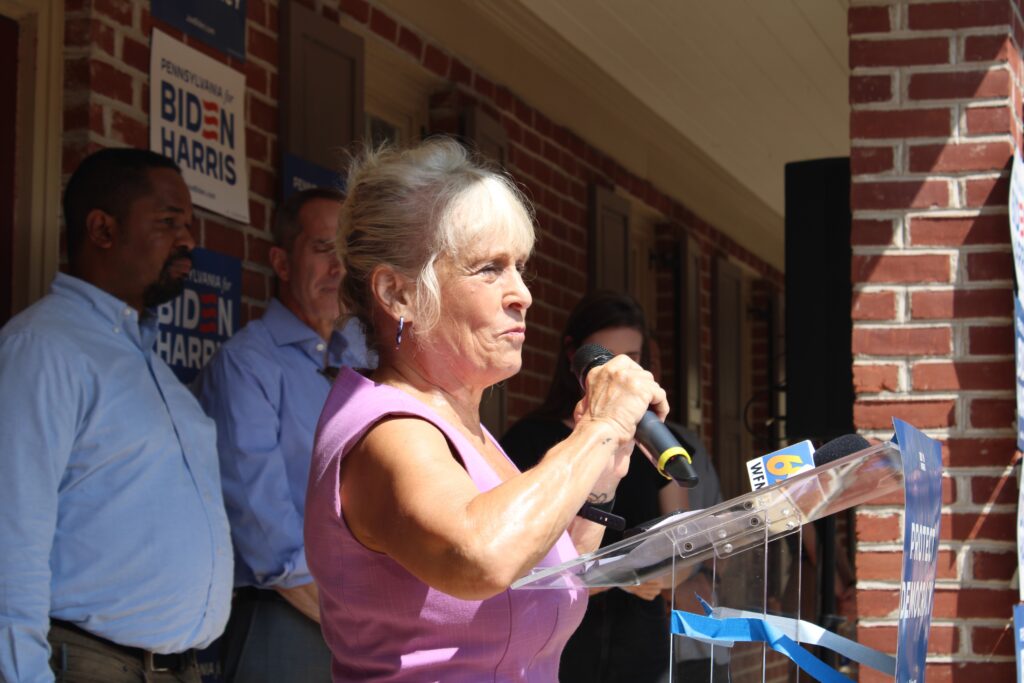 Bucks County Comissioner Diane M. Ellis-Marseglia speaks to the crowd at a Bucks County rally
