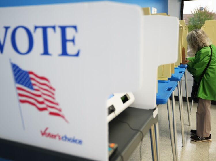 A voter casts a ballot at their polling place on Election Day