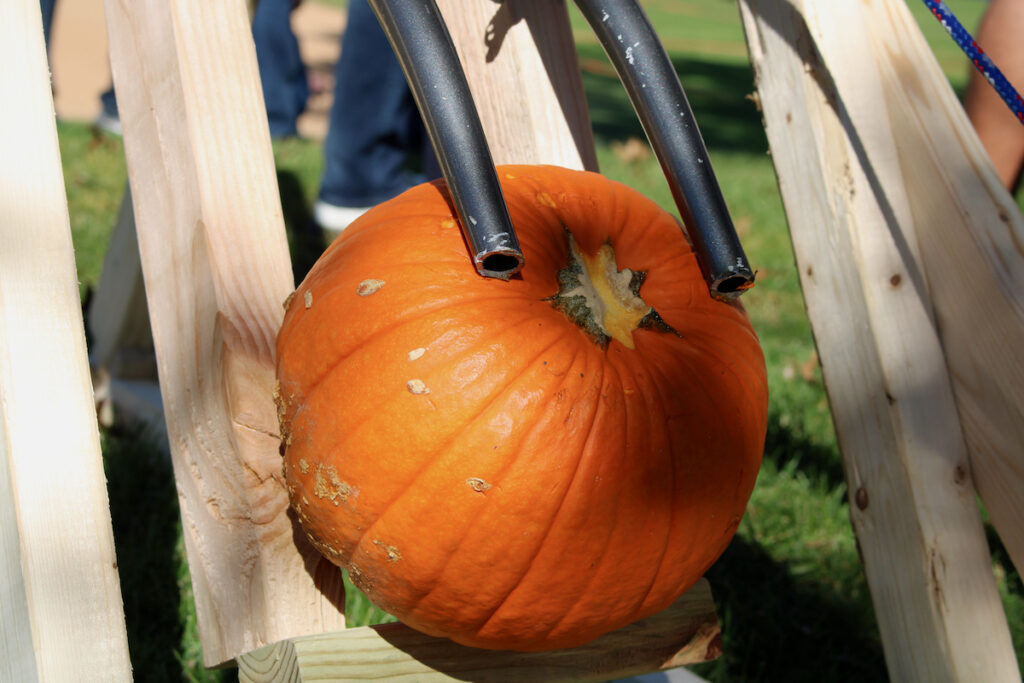 A pumpkin sits inside a wooden catapult