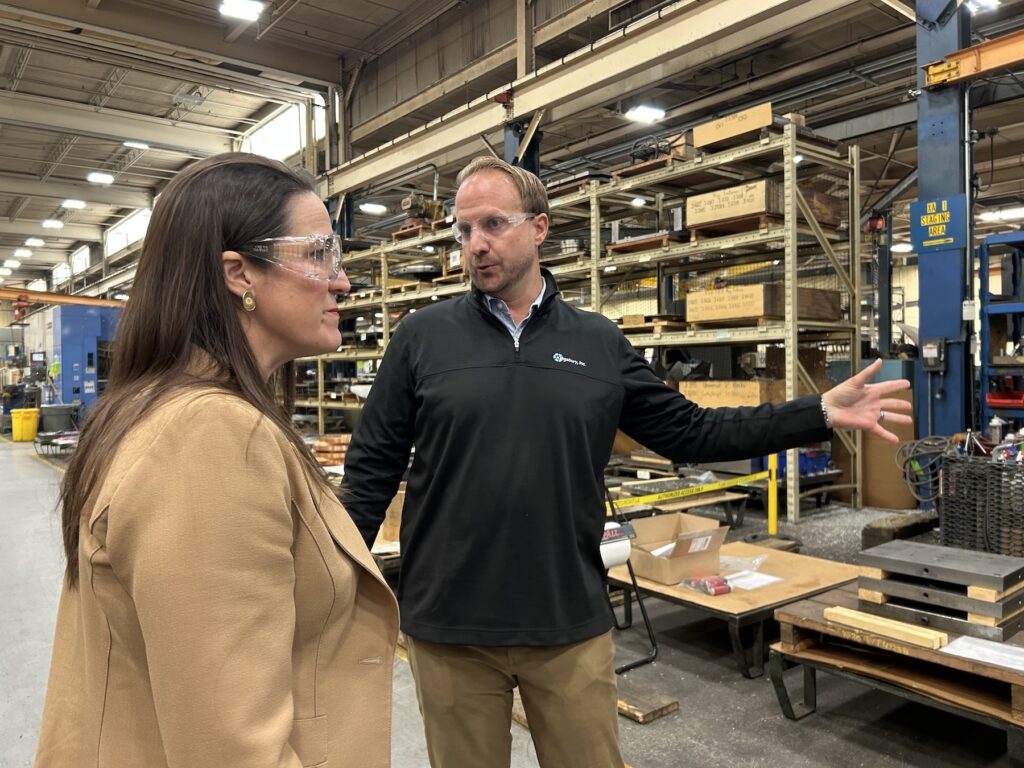 kingsbury-manufacturing-plant-ss-100626-01 Kingsbury's Director of Engineering, Lou Krajewski (right), shows Assistant Secretary of Energy Audrey Robertson parts