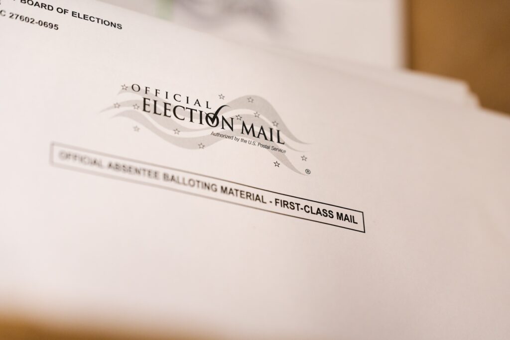 Envelopes for mail-in ballots at the Wake County Board of Elections