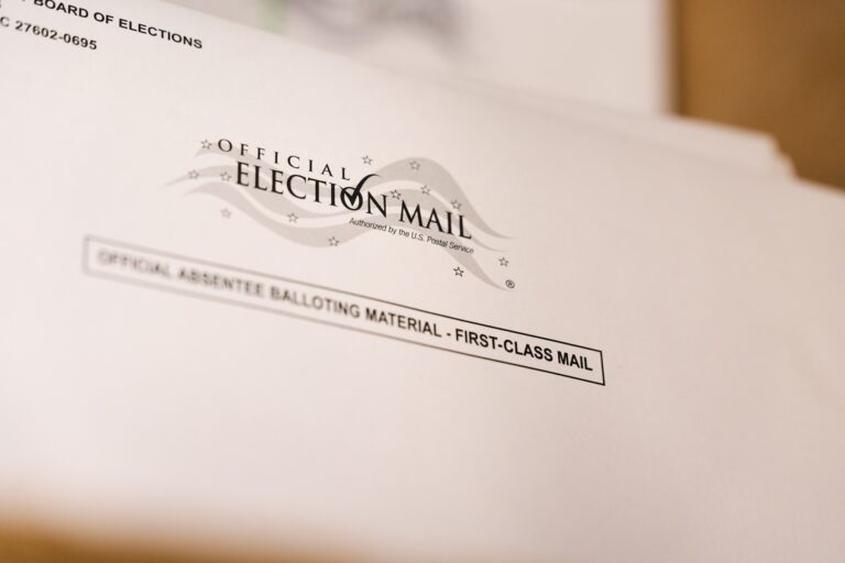 Envelopes for mail-in ballots at the Wake County Board of Elections