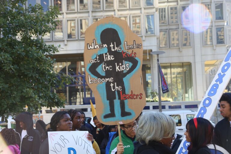 Students from over a dozen high schools take part in PA Youth Vote’s annual “Give Us a Ballot” march, which promotes youth leadership and civic participation. (Rana Rastegari for WHYY)