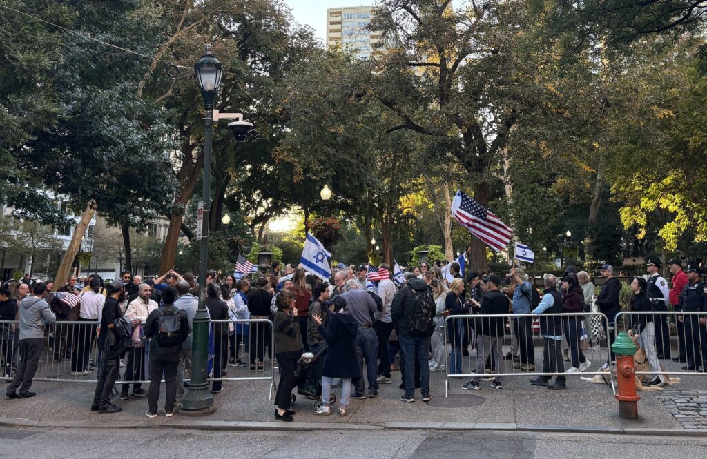 Pro-Israel counterprotesters assemble in Rittenhouse Square before the planned pro-Palestine protest on Oct. 7, 2026. (Andrew McGurl/WHYY)