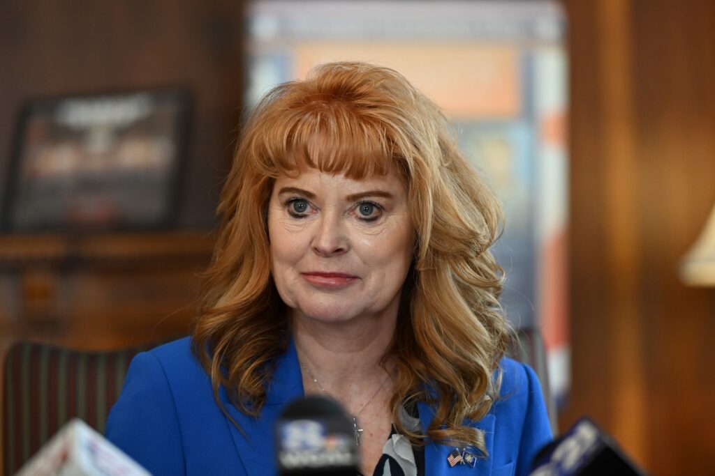 Pennsylvania Governor Security Pennsylvania state Treasurer Stacy Garrity listens to a question during a news conference in Treasury Department offices, Thursday, April 23, 2026, in Harrisburg, Pa.
